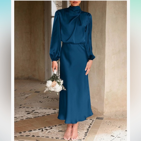 Satin Blouson Midi Dress - Picture 2 of 12